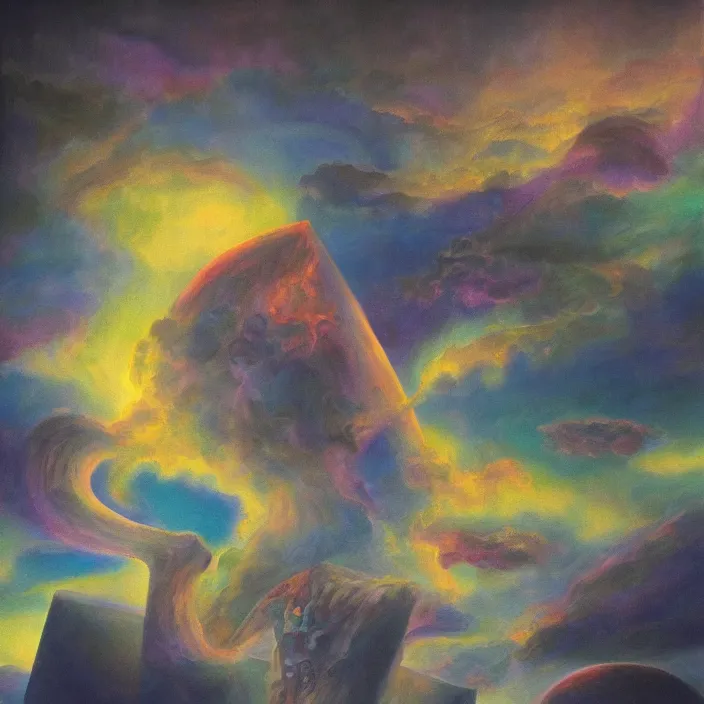 Prompt: temple of sleep non-Euclidean geometry sleepwalker mythos dream clouds and lambent fog, award winning oil painting, polychromatic spectrum