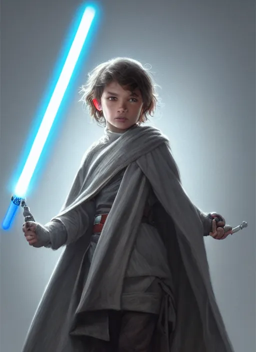 Prompt: perfectly - centered - portrait of a kid wearing grey cloak holding light saber, intricate, highly detailed, digital painting, artstation, concept art, smooth, sharp focus, illustration, unreal engine 5, 8 k, art by artgerm and greg rutkowski and alphonse mucha