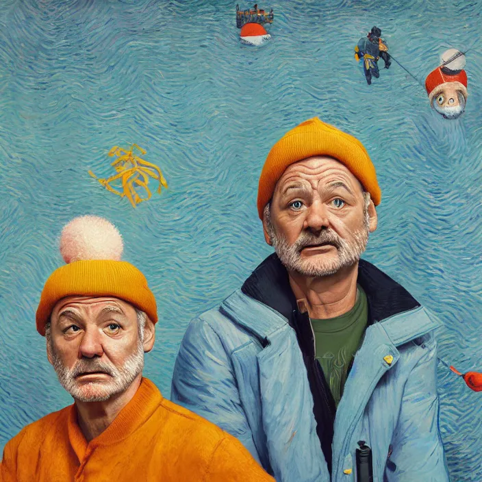 Image similar to portrait of bill murray as steve zissou, painting in the style of Wes Anderson. intricate artwork. by Van Gogh. octane render, trending on artstation, greg rutkowski very coherent symmetrical artwork. cinematic, high detail, octane render, 8k, iridescent accents