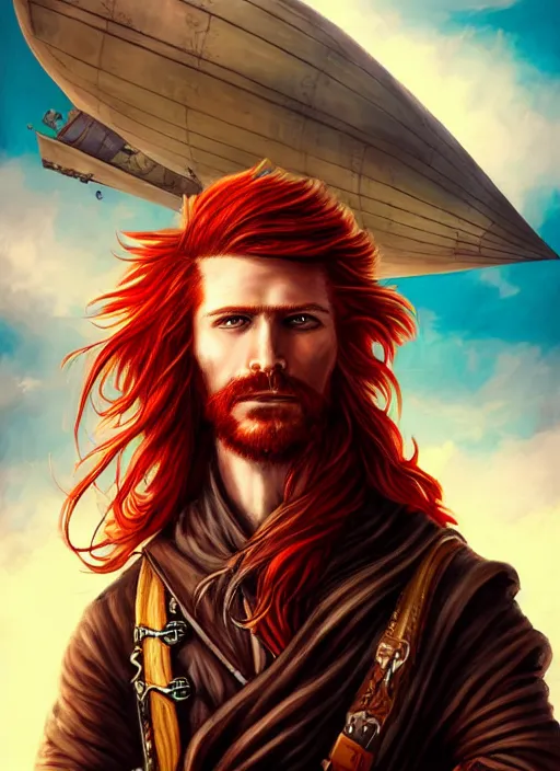 Image similar to an epic fantasy comic book style portrait painting of a long haired, red headed male sky - pirate in front of an airship in the style of eve ventrue