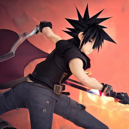 Image similar to a dark haired boy wielding a lance. character design. gesture drawing. line of action. official art, unreal engine 5, unreal engine. tetsuya nomura. kingdom hearts. medium shot. coherent. ray tracing hdr. 8 k. uhd. sharp focus. highly detailed. masterpiece. anime render. cinematic lighting. lifelike.