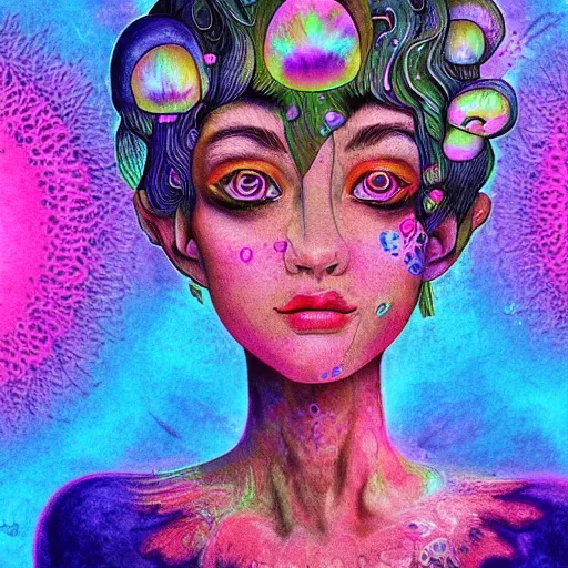 Prompt: psychedelic mushroom girl, trending on artstation