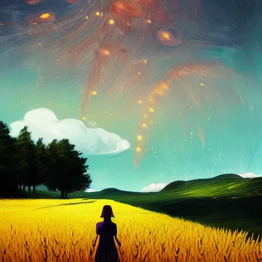 Image similar to giant flower as a head, girl walking in wheat field, hills, surreal photography, dark night, star trails, dramatic light, impressionist painting, clouds, digital painting, artstation, simon stalenhag