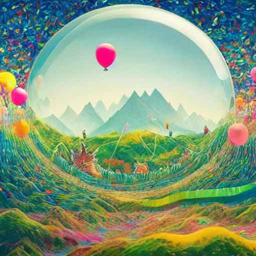 Prompt: inflatable landscape with forest, river and mountains in the middle of the frame colossal balloon surrounded by colorful ribbons and party confetti , concept art, huge scale, high detail, sci fi by James Jean