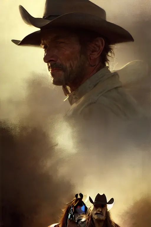 Prompt: hyperrealist portrait of a cowboy driving stage coach by jeremy mann and howard powel and fredrick remington, fantasy art, photo realistic, dynamic lighting, artstation, poster, volumetric lighting, very detailed faces, 4 k, award winning