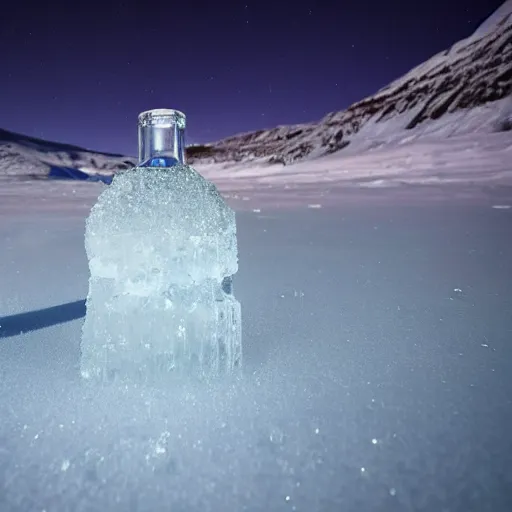 Image similar to vodka bottle buried in icy blue crystals in the arctic under aurora borealis