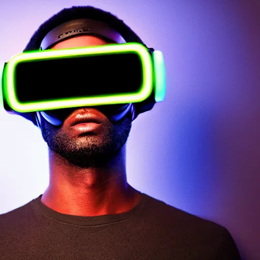 Image similar to dark skinned man wearing futuristic vr headset neon lights ambient light unity game ultra - realistic