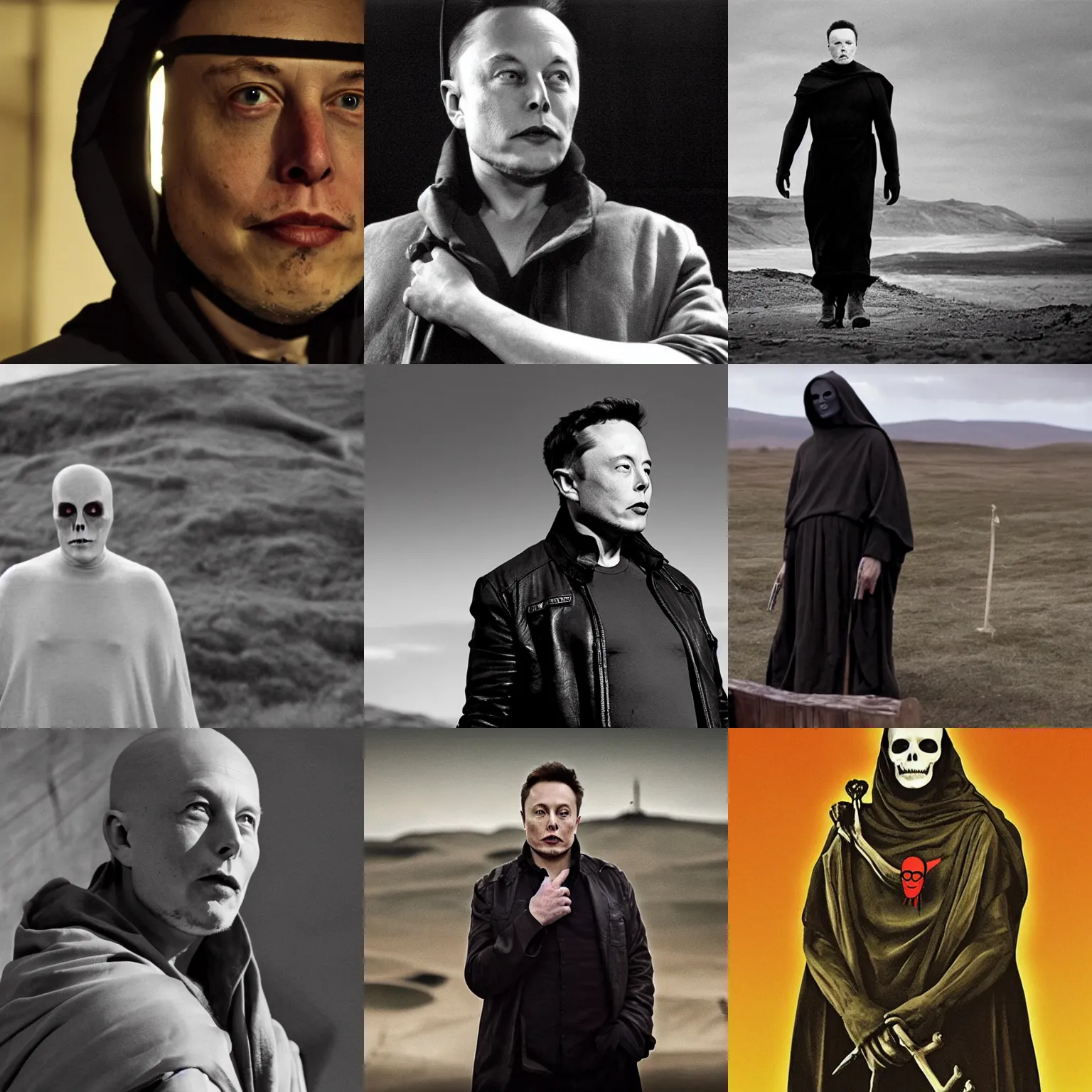 Prompt: elon musk as death from the seventh seal, ingmar bergman movie