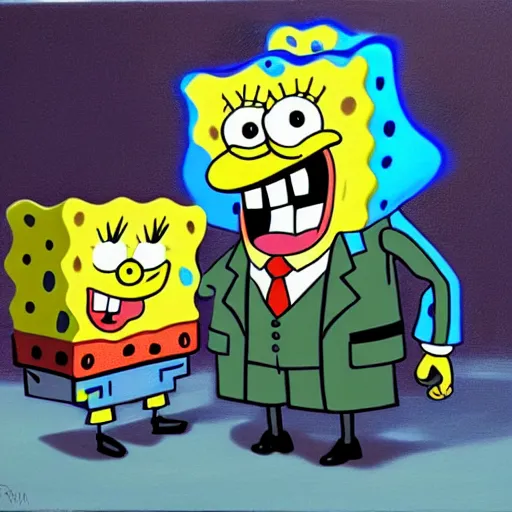 Image similar to spongebob in the mafia, dramatic lighting, realistic painting