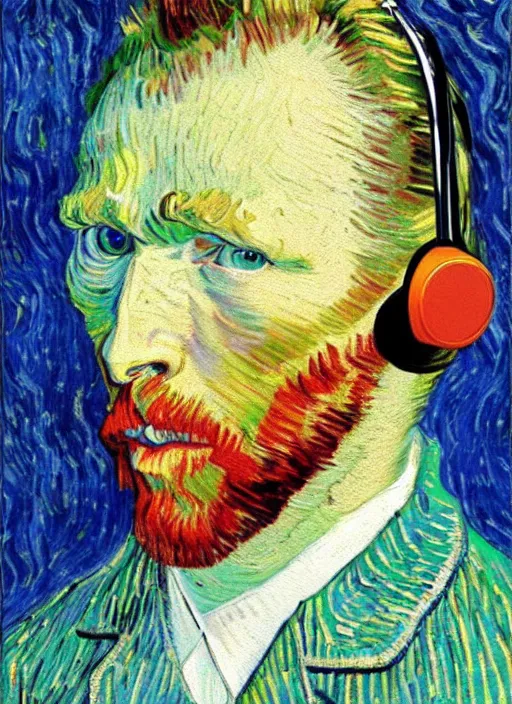 Prompt: lifelike oil painting self - portrait of van gogh wearing headphones