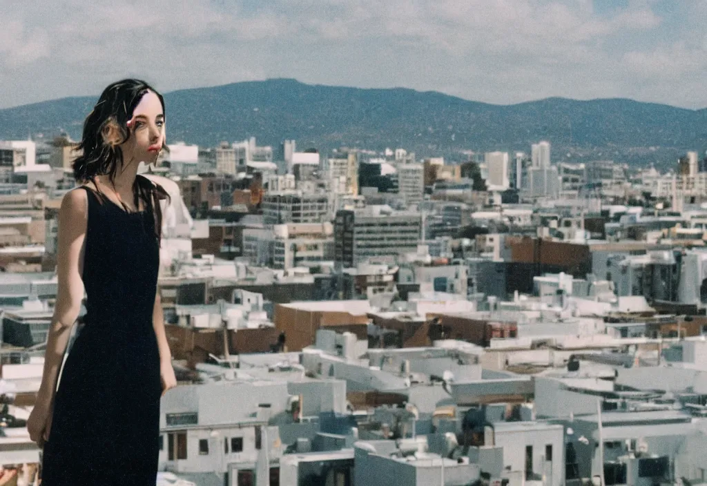 Prompt: lomo photo of adelaide kane standing on the roof of building, small town, cinestill, bokeh, out of focus