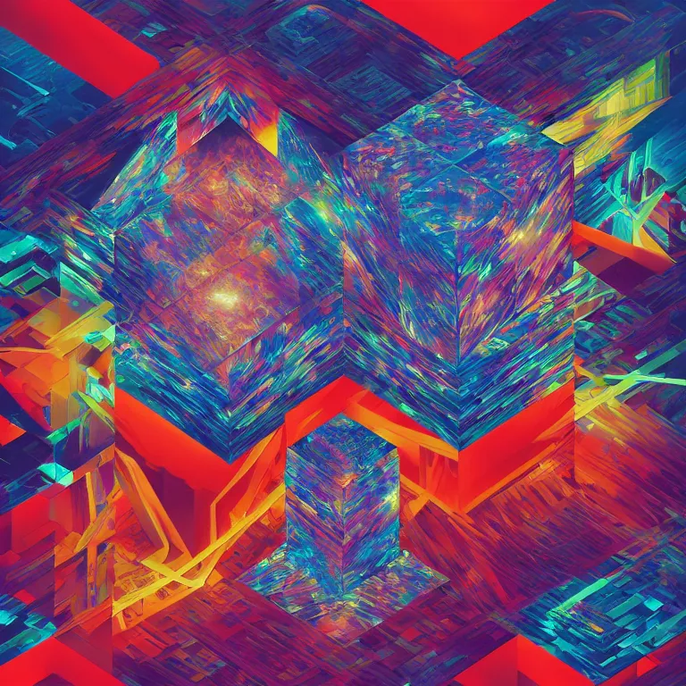 Prompt: album cover design depicting LED infinity cube, by Jonathan Zawada, and tristan eaton, digital art