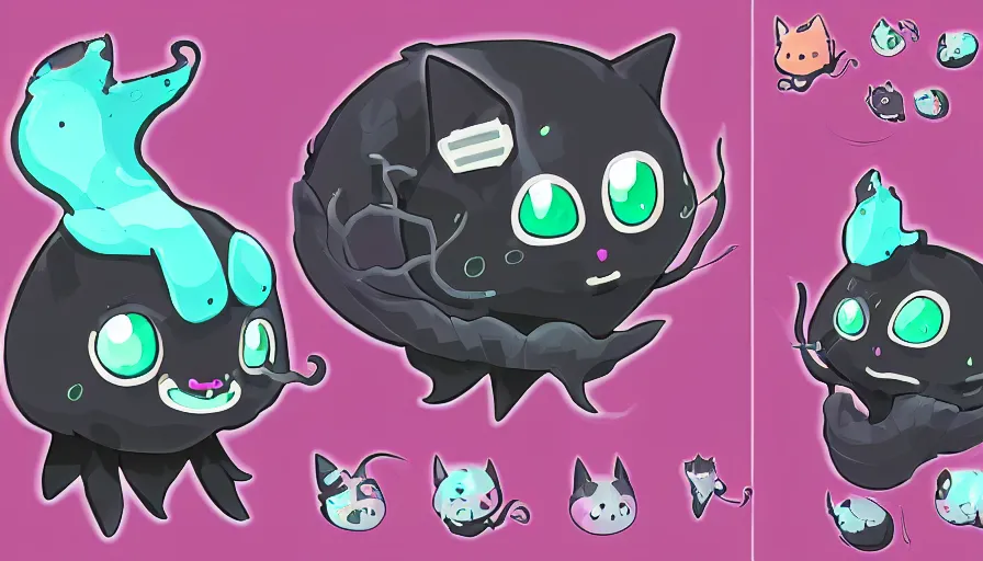 Prompt: a digital art close up portrait of black slime cat character design from concept art of slime rancher, cute black liquid black oil, ink cat character sheet, 4 k, cartoon art, stickers illustrations, beautiful avatar pictures