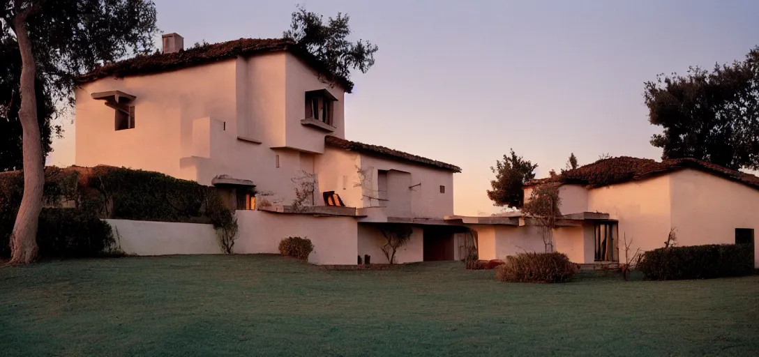 Image similar to house designed by dali and david lynch at sunset. fujinon premista 1 9 - 4 5 mm t 2. 9. portra 8 0 0.