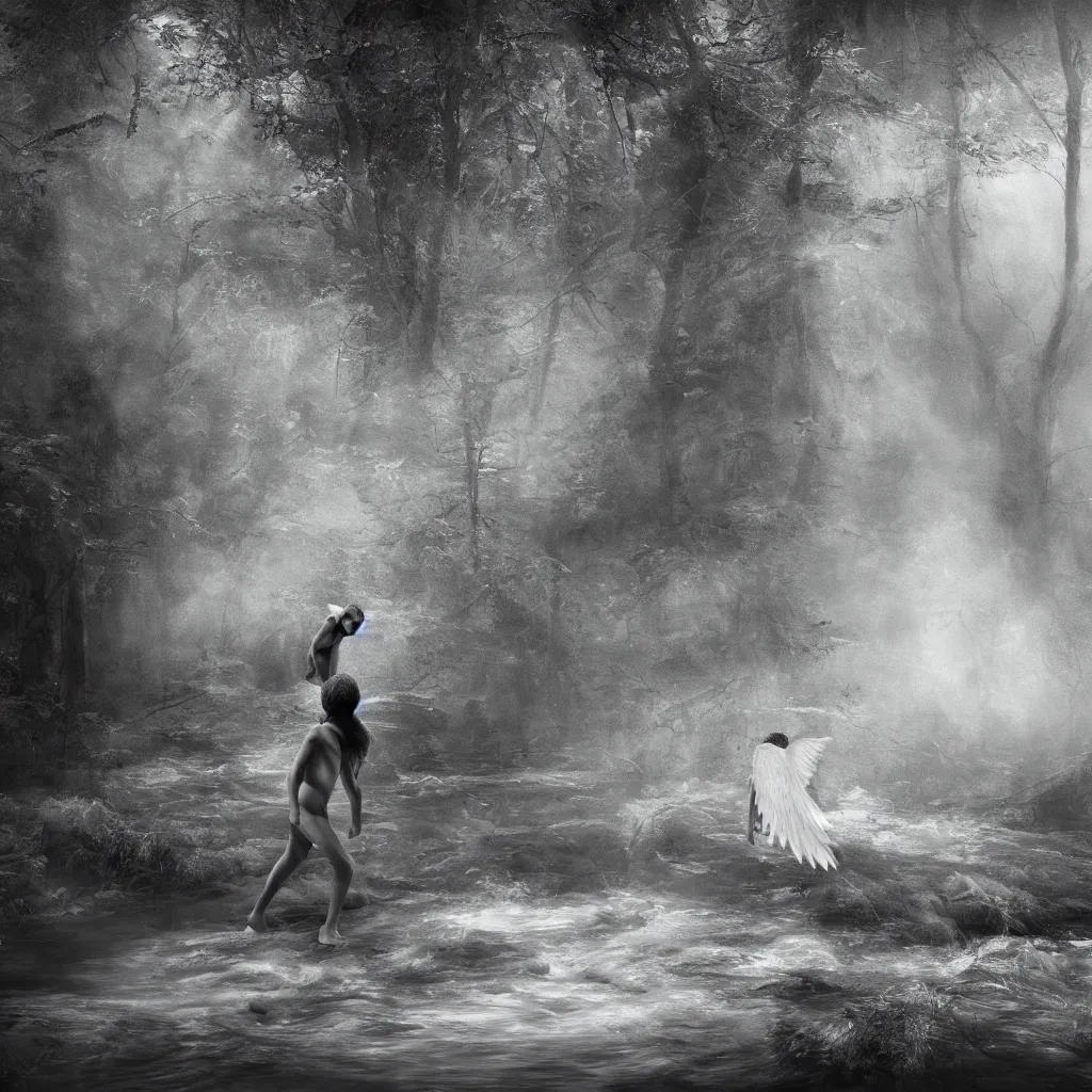 Image similar to an angel stripped of it's wings chasing a child through a creek in the woods, bad dream, hazy memory, volumetric, hyper realistic, octane render, dark black and white in the style of alvin schwartz, epic angles