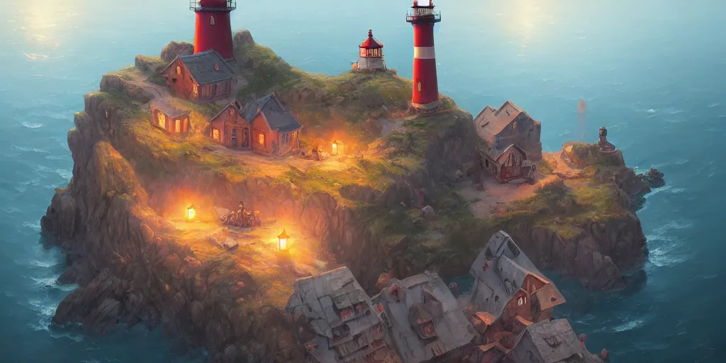 Image similar to Cozy small fantasy village on a cape with a lighthouse, fishing boats, view from above. In style of Greg Rutkowski, Jesper Ejsing, Makoto Shinkai, trending on ArtStation, fantasy, great composition, concept art, highly detailed, scenery, 8K, Behance.