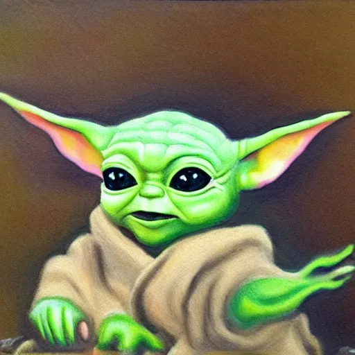 Prompt: painting of a cute baby yoda in the wilderness, in the style of a naturalist painter,