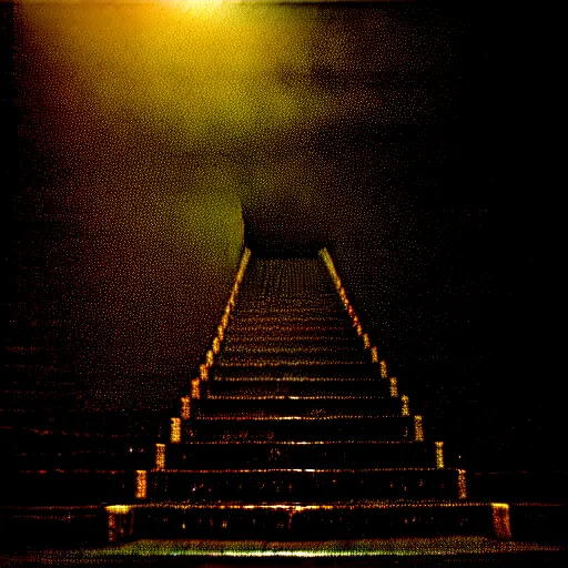 Image similar to black and white surreal photograph, highly detailed vast space made of stairsteps, sideview, detailed textures, natural light, mist, architecture photography, film grain, soft vignette, sigma 1 4 mm f / 1. 4 1 / 1 0 sec shutter, imax 7 0 mm footage