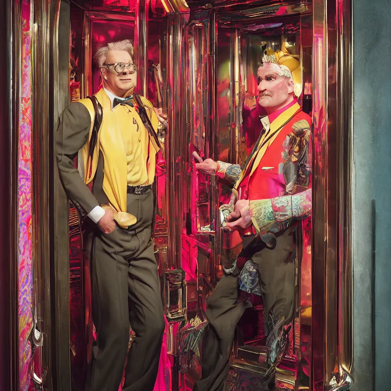 Prompt: professional octane render portrait by wayne barlow and carlo crivelli and glenn fabry, a flamboyant man in a bright colorful saturated wes anderson elevator operator costume inside a dark and moody vintage elevator in a high - end exotic vintage boutique hotel, very short depth of field, bokeh, gears of war