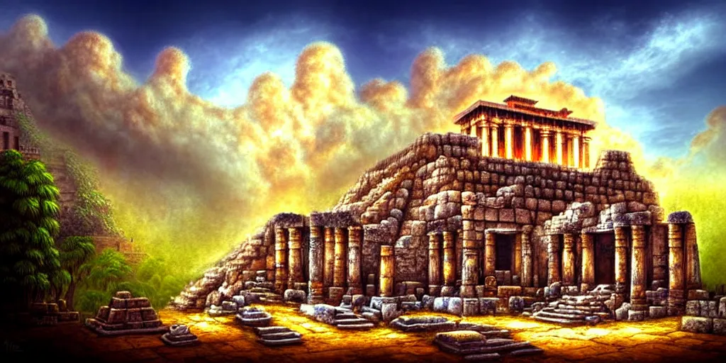 Image similar to illusion painting hidden temple in the clouds : an adorable small fox in the huge ruins of the second temple in jerusalem. a new temple hovers quietly hiding in the dreamy clouds above. a hooded bearded old man in a brown tunic laughing, colorful 8 k, art station, intricate superb details, digital art, illusion painting hidden image.