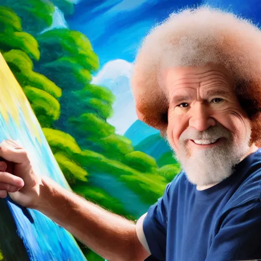 Image similar to a closeup photorealistic photograph of bob ross working on a canvas painting sonic the hedgehog. film still. mountain scape. brightly lit scene. this 4 k hd image is trending on artstation, featured on behance, well - rendered, extra crisp, features intricate detail, epic composition and the style of unreal engine.