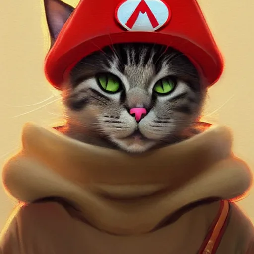 Image similar to Portrait of a Cat dressed as Super Mario, Mario hat, kawaii aesthetic, nintendo, highly detailed, digital painting, artstation, concept art, smooth, sharp focus, illustration, art by artgerm and greg rutkowski and alphonse mucha