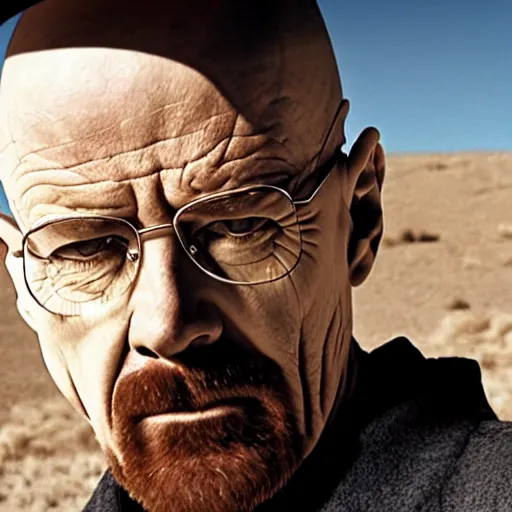 Prompt: breaking bad still frame of walter white in shock with his mouth opened, crying, speechless, desert background, breaking bad