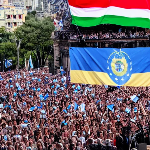 Image similar to Lady Gaga as president, Argentina presidential rally, Argentine flags behind, bokeh, giving a speech, detailed face, Argentina