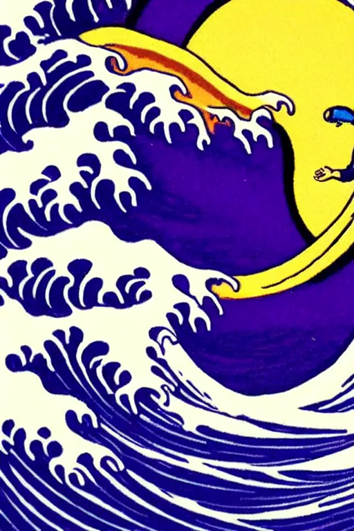 Image similar to an astronaut surfing the great wave off kanagawa on a purple surboard