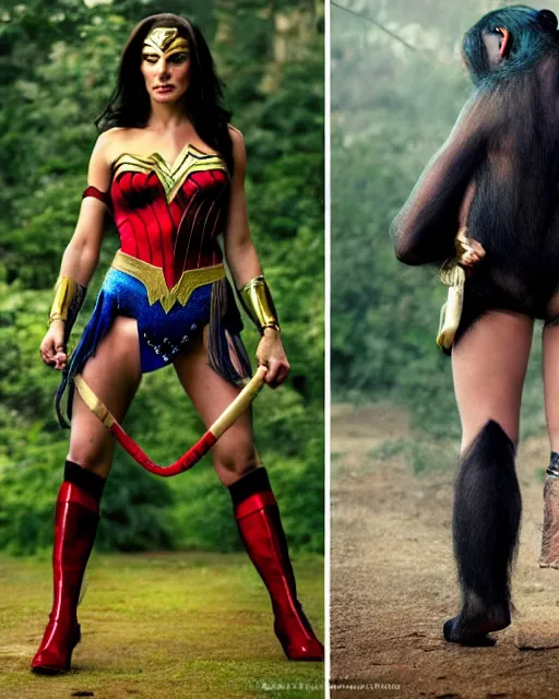 Prompt: photos of a Chimpanzee dressed as Wonder Woman. Photography in the style of National Geographic, photorealistic