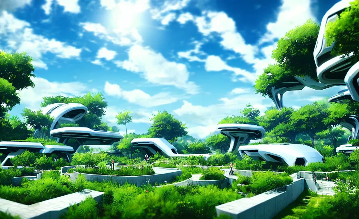 Image similar to big garden, sunshine, outdoors, the blue sky and white clouds, beautiful scenery, futuristic. game cg, hyperdetailed, trending on cgsociety