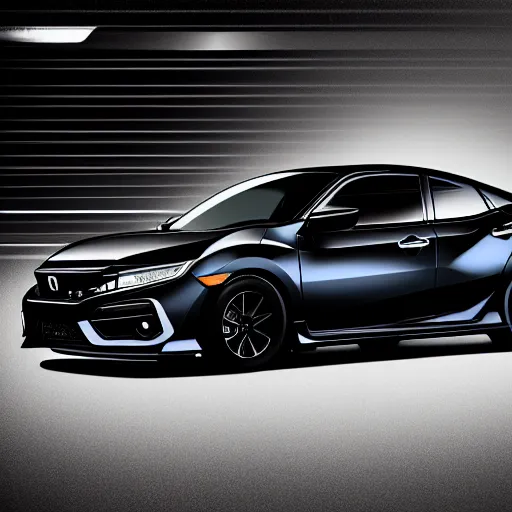 Image similar to incredible digital painting of a honda civic, black, mk 1 0 license plate, stealth, night mode, spoiler, lights, custom exhaust, wing mirrors, carbon fibre, valance splitter, sports, wheel spacers, japanese, power, sleek, electric, petrol, high detail, 8 k resolution