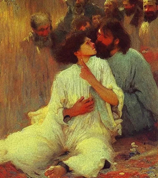 Image similar to high quality high detail painting by ilya repin, leaning towards jesus, hd