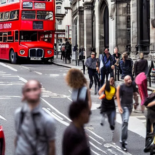 Prompt: a giant ant in a london street with a red double decker bus in it's jaws and people running in horror, photography, cinematic