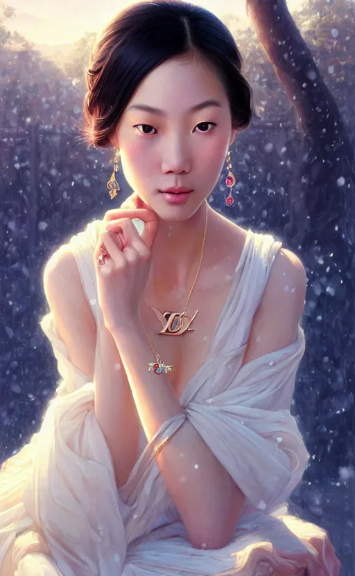 Image similar to a beautiful young charming asian goddess with sundress + jewelry + shinny eyes | | winter, symmetric, realistic shaded, unpleasant face, good looking, fine details, dior, lv, realistic shaded lighting poster by greg rutkowski, macoto takahashi, magali villeneuve, artgerm, jeremy lipkin and michael garmash