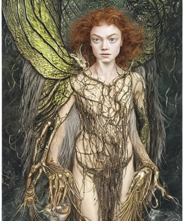 Prompt: a portrait photograph of a fierce sadie sink as a strong alien harpy queen with amphibian skin. she trying on a glowing and black lace shiny metal slimy organic membrane cloak and transforming into an evil insectoid snake bird. by donato giancola, walton ford, ernst haeckel, peter mohrbacher, hr giger. 8 k, cgsociety