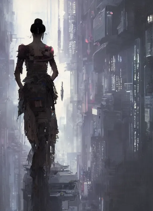 Image similar to cyberpunk geisha, rule of thirds, intricate outfit, spotlight, by greg rutkowski, by jeremy mann, digital painting