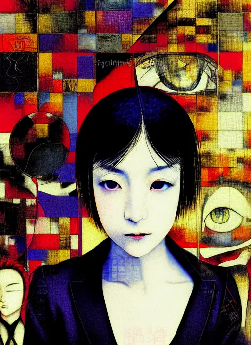 Image similar to yoshitaka amano blurred and dreamy realistic three quarter angle portrait of a young woman with short hair and black eyes wearing office suit with tie, junji ito abstract patterns in the background, satoshi kon anime, noisy film grain effect, highly detailed, renaissance oil painting, weird portrait angle, blurred lost edges