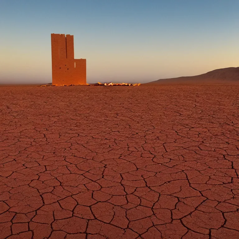 Image similar to cracked dry ground, desert, babel tower in the background, fire, red sky