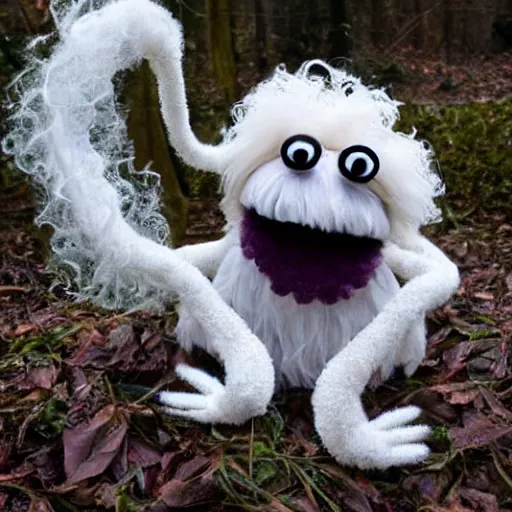 Image similar to ethereal ghostly fluffy live action muppet with a wraith like figure with a very pronounced parasitic kraken head taking over its own with two long tentacles for arms that flow gracefully at its sides like a cloak, it stalks around frozen forests searching for lost souls to consume, this character uses hydrokinesis and electrokinesis, it is a real muppet by sesame street, photo realistic, real, realistic, felt, stopmotion, photography, sesame street, monsters inc pixar