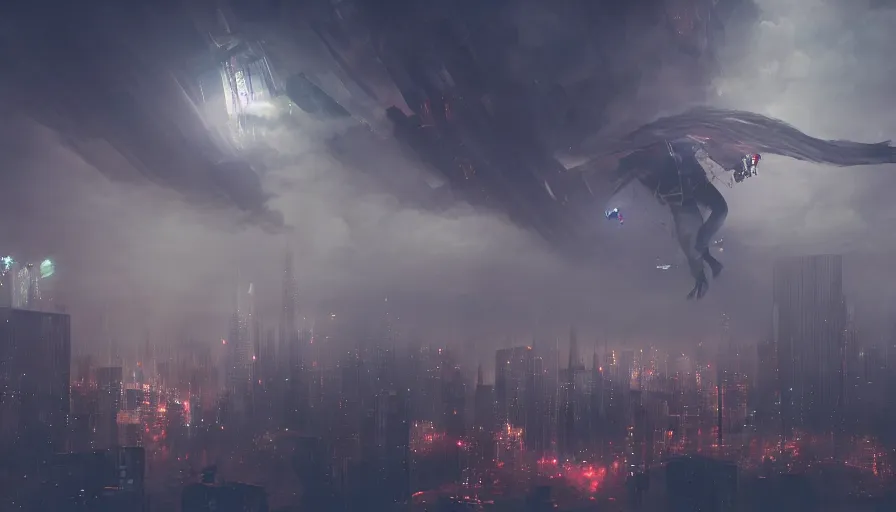 Image similar to man parachuting into a dark cyberpunk city through clouds, volumetric lighting, dystopia, artstation, concept art, painting