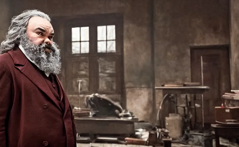 Image similar to Jack Black as Karl Marx in 'Marx' (2018), movie still frame, oscar nominated cinematography, volumetric lighting, 8k resolution, beautiful composition