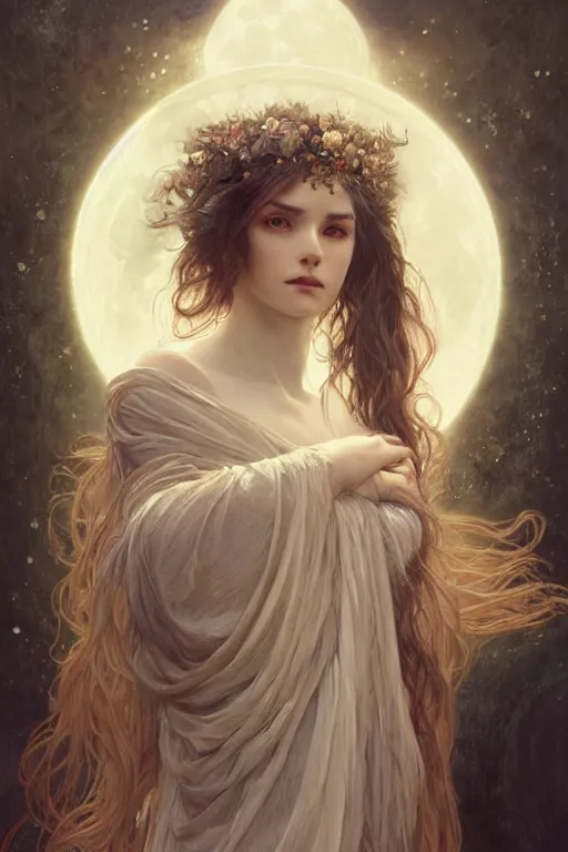 Prompt: goddess of moon, long dark hair, sad eyes, pale skin, elegant, fantasy, intricate, highly detailed, digital painting, artstation, concept art, smooth, sharp focus, art by art by Artem Demura and Alphonse Mucha, ArtGerm, valentina remenar, ruan jia