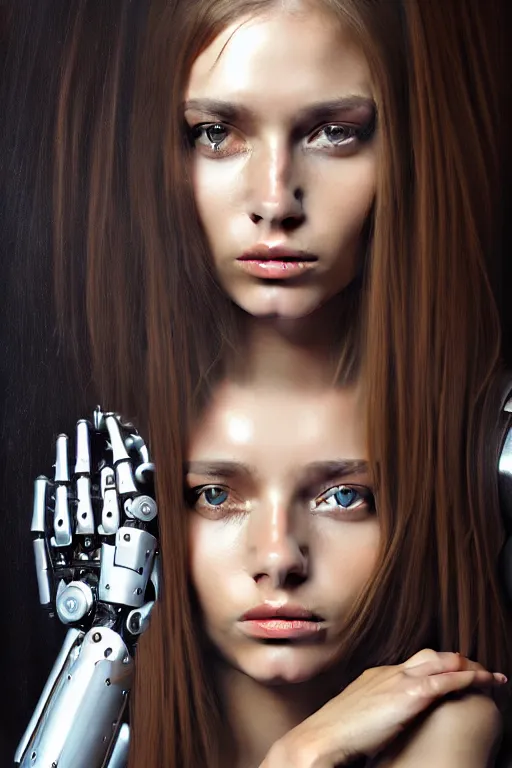 Prompt: a photorealistic painting of an attractive young girl, partially covered in cyborg and robotic mechanical parts, olive skin, long dark hair, beautiful bone structure, symmetrical face, perfect eyes, intricate, elegant, digital painting, concept art, illustration, sharp focus, in the style of Diego Velázquez