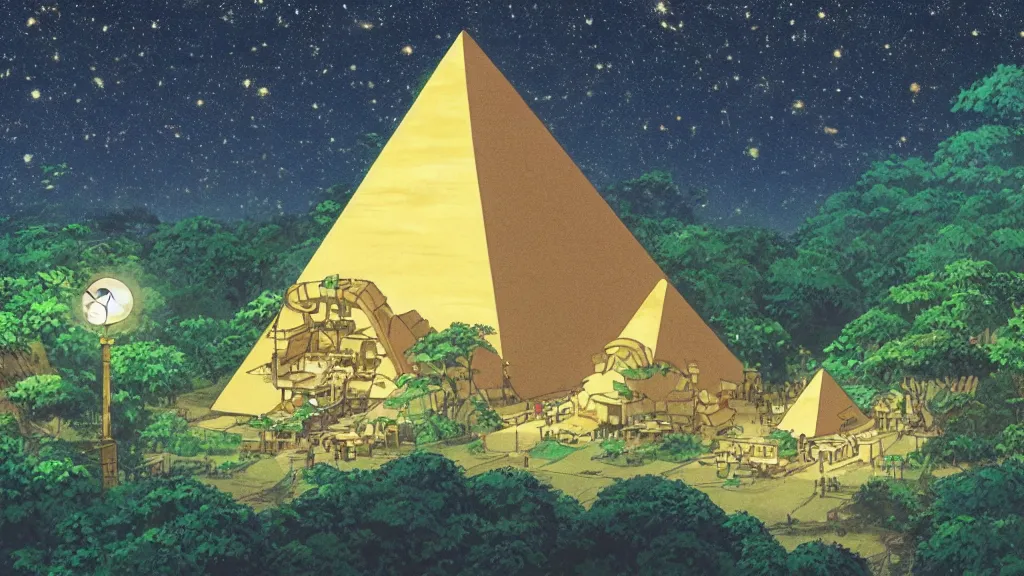 Image similar to a movie still from a studio ghibli film showing a huge glowing pyramid in the rainforest with a floating gold capstone on a misty and starry night. by studio ghibli