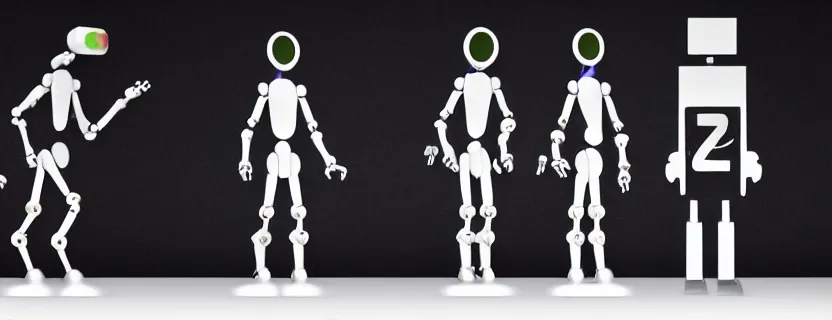 Image similar to an evolution diagram from left to right of robots, 8 k, hyper realistic. the left side robots are shorter, led lights, dancing