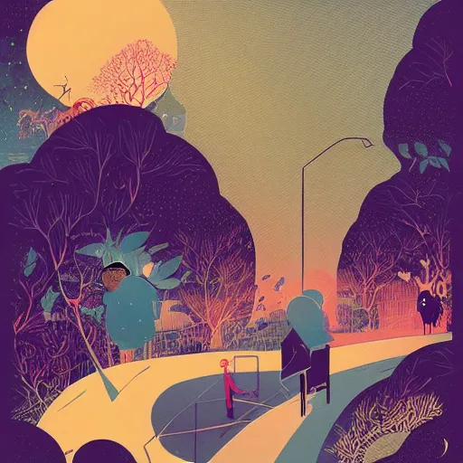 Prompt: ilustration of end of the week end by Victo Ngai and James Gilleard