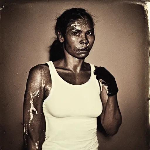 Image similar to close up portrait of woman boxer after boxing with brews blood sweating, photography photojournalism, very grainy image, 80mm lens, close up portrait polaroid