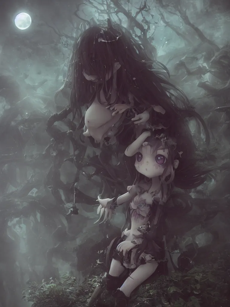 Image similar to cute fumo plush of a frail cursed witch girl wandering the depths of the forbidden jungle, gothic wraith maiden, wispy smoke and volumetric fog, beyond the mirror, filmic, symmetric beauty, moonlight midnight glow, vignette, vray