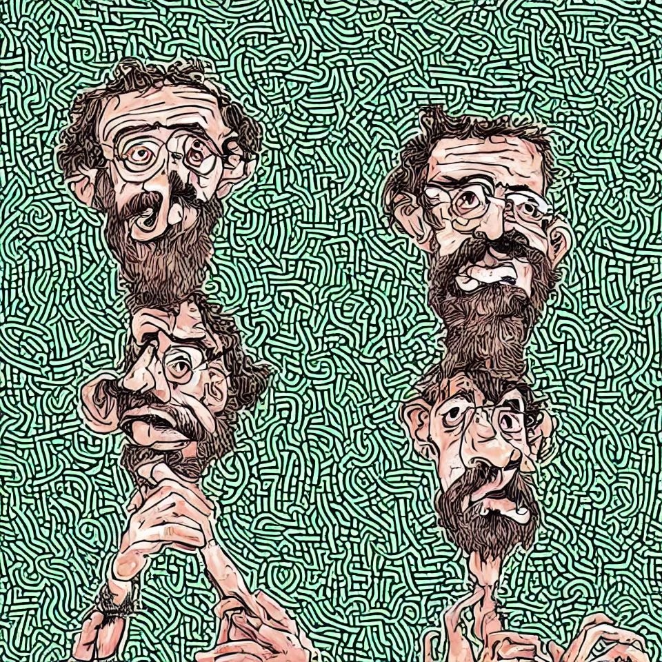 Image similar to Terence McKenna caricature, magic eye style poster